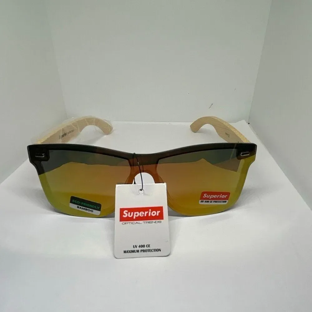 Superior Bamboo Mirrored  UV400 Rimless Shield Sunglasses Eco-Friendly Wooden Ar